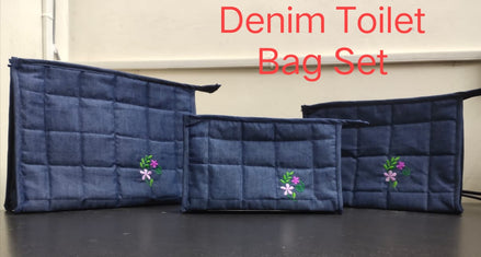 Quilted Denim Toiletry Kit — Set of 3