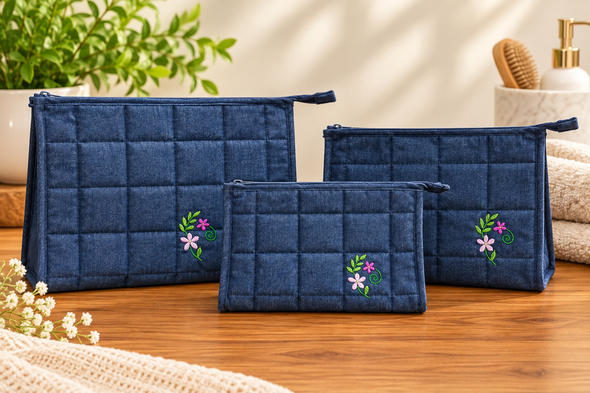 Quilted Denim Toiletry Kit — Set of 3